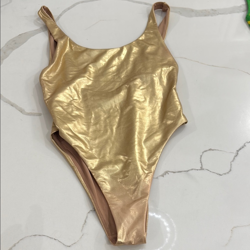 Gold One Piece High Cut Bikini, Size Small
